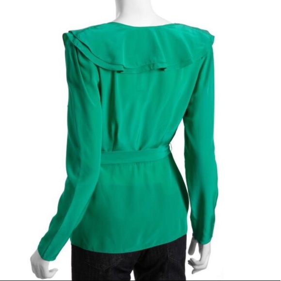 BCBGMaxAzria Emerald Green Wrap Ruffle Blouse Top - Picture 2 of 7